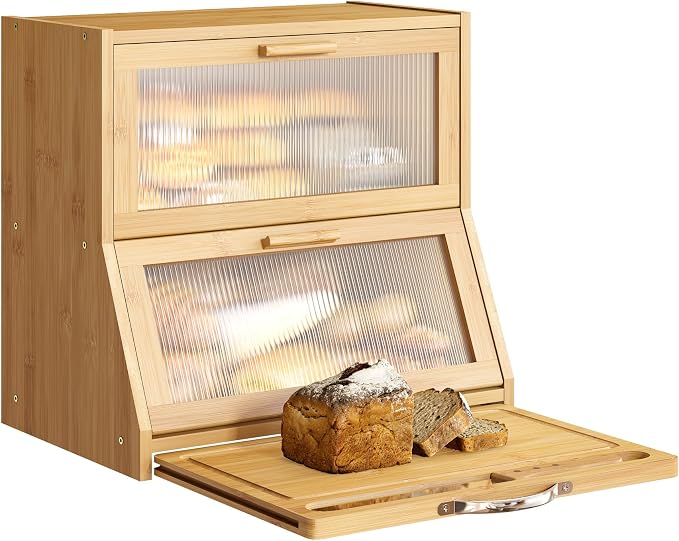 BMOSU Double-Layer Large Bread Box with Cutting Board for Kitchen Countertop Bread Box With Frosted Glass Window Bamboo(Natural)