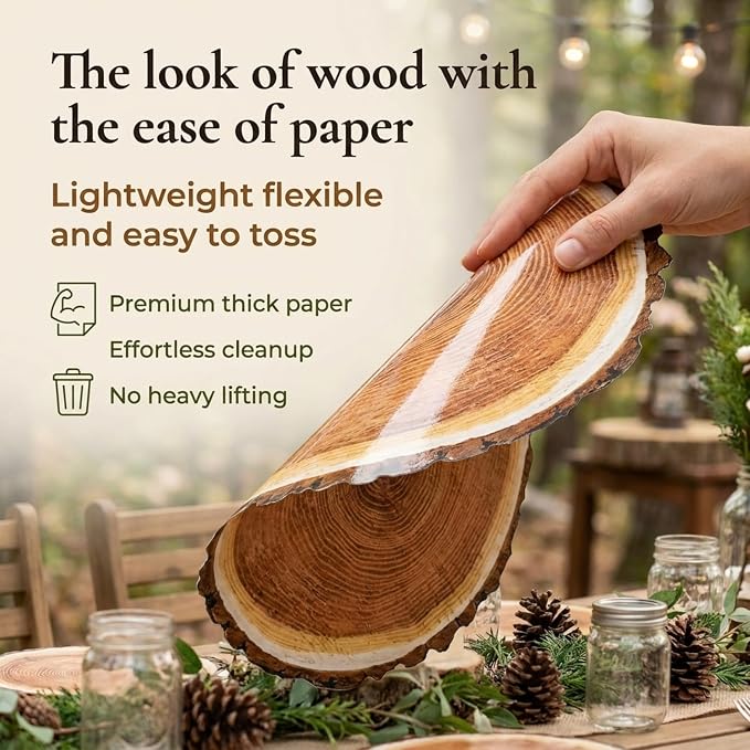 100 Rustic Wood Slice Paper Placemats 13.5 Inch Round Disposable Mats | Farmhouse Table Decor for BBQs, Camping, Weddings, Woodland Parties, Buffets, Picnics and Rustic Events