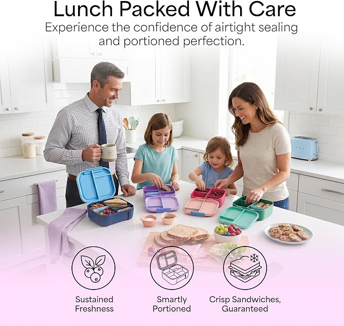 Leakproof Bento Lunch Box, 3-Compartment, Adjustable Divider, Green | 3-Compartment Design, Leakproof, Extra Large Capacity, Adjustable Divider, Includes Cooler Pack, Dishwasher Safe, Reusable