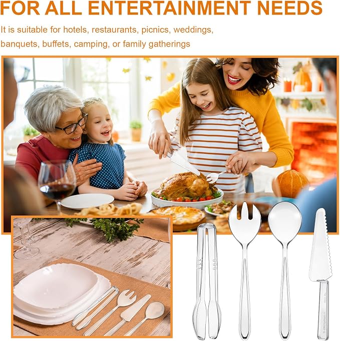 24 Pcs Disposable Plastic Serving Utensils Set Spoons Forks,Clear | Serving Spoons Forks Knives Tongs, Clear Design for Wedding Graduation Party Buffet Catering Events, Lightweight Sturdy