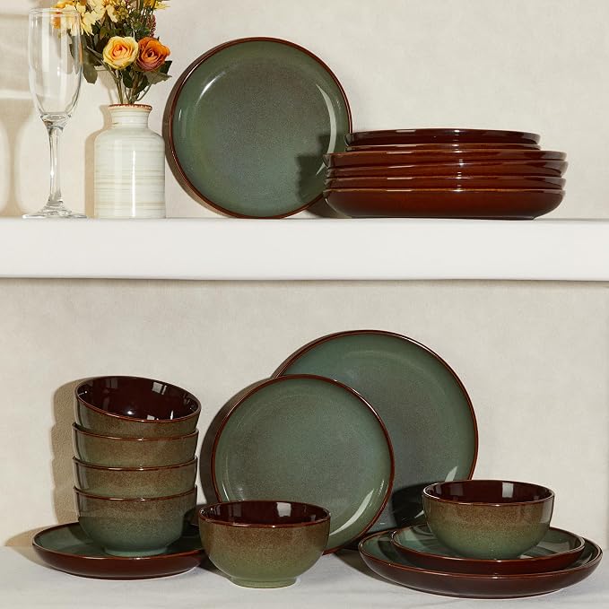 36 Piece Stoneware Dinnerware Sets, Ceramic Plates and Bowls Set, Microwave & Dishwasher Safe Kitchen Dish Set, Modern Dinner Salad Plates | Cereal Bowls for 12, Dishware Sets Sage Green