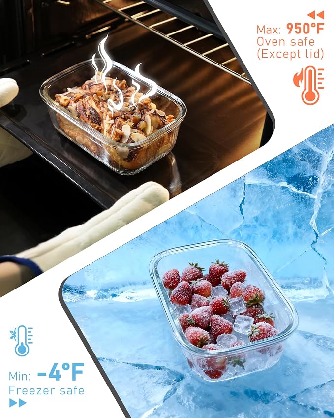 4-Pack Glass Food Storage Containers with Tempered Glass Lids, 2x 4.7 Cup & 2x 9.3 Cup, Airtight, Oven & Microwave Safe Borosilicate Glass (-4°F to 950°F)