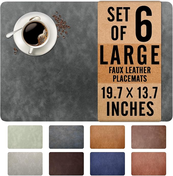 UnivoColors Washed Cowhide Pattern Faux Leather Big Size Placemats Set of 6, Waterproof Easy to Clean Anti-Slip PU Table Mats for Party Decoration19.7″×13.6″,Dark Grey Retro Cowhide Pattern