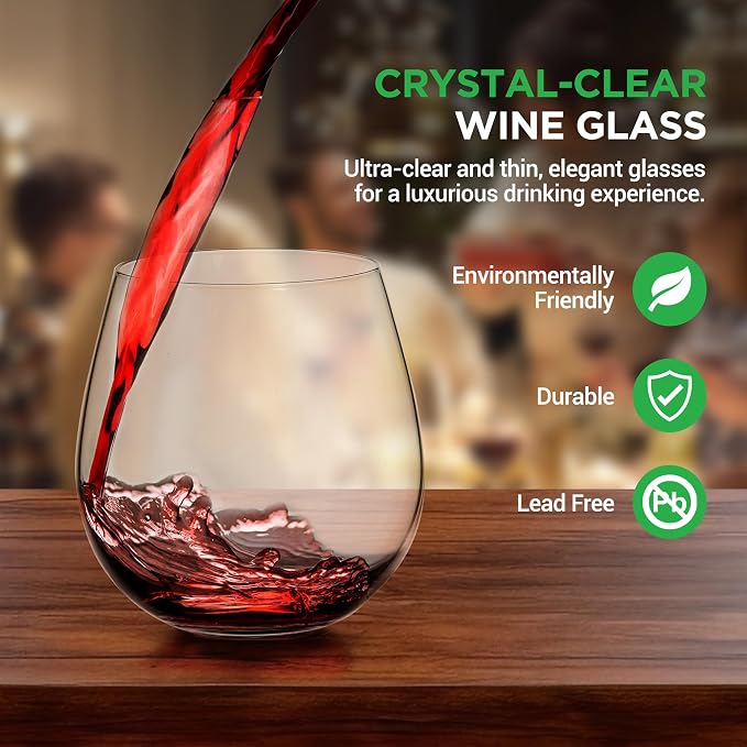 NutriChef 15 oz Stemless Crystal Wine Glasses, Set of 12 Elegant Glasses for Red or White Wine, Ultra-Thin, Lead-Free, Dishwasher Safe, Seamless Bowl Design for Dining, Parties & Bars