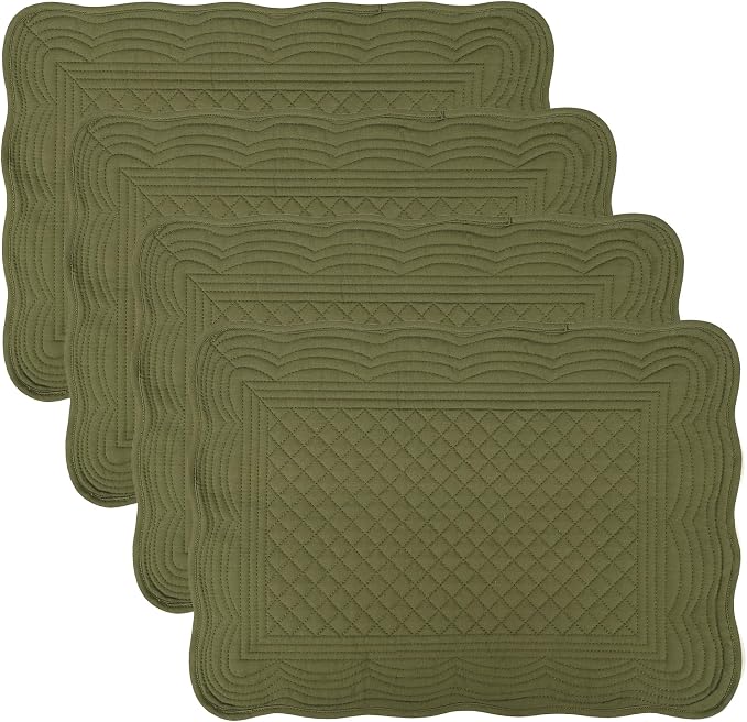 Quilted Placemats Set of 4 18"X13" Cotton Placemats Washable Cloth Table Mats for Kitchen Table (Green)