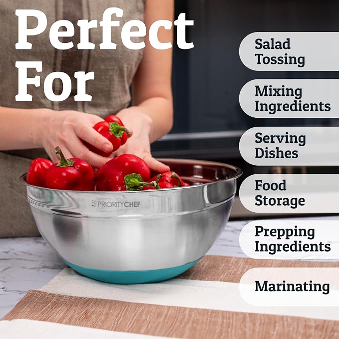 Stainless Steel Mixing Bowls with Lids Set - Premium 30Pcs with 6pc Metal Bowl Set for Kitchen, 3 Graters, Airtight Lids, Non-Slip Bases & Silicone Utensils, Turquoise