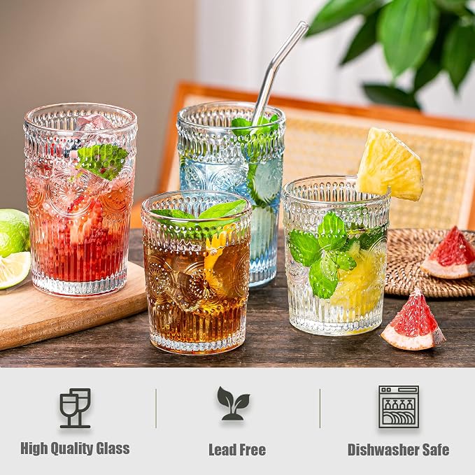 Vintage Drinking Glasses Set of 12, Textured Clear Striped Glass Cups-6 Highball Glasses 13oz & 6 Rocks Glasses 10oz, Ribbed Glassware Set, Mojito Cups, Cocktail Glass, Iced Coffee Cup