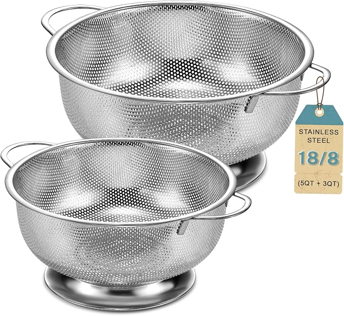 Pleafind Colander for Kitchen - 5 QT & 3 QT Stainless Steel Strainer with Handle, Kitchen Strainer Colanders Bowl for Pasta, Noodles, Spaghetti, Vegetables and Fruits, Rust-Resistant & Dishwasher Safe