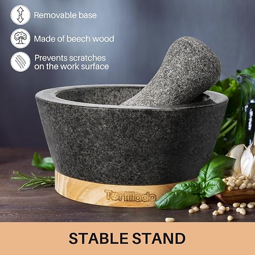 – 6-inch Mortar and Pestle Set Large Made of Natural Granite with Anti-Scratch Wood Base Granite Spice Herb Grinder Pill Crusher with 50 Recipes, Black