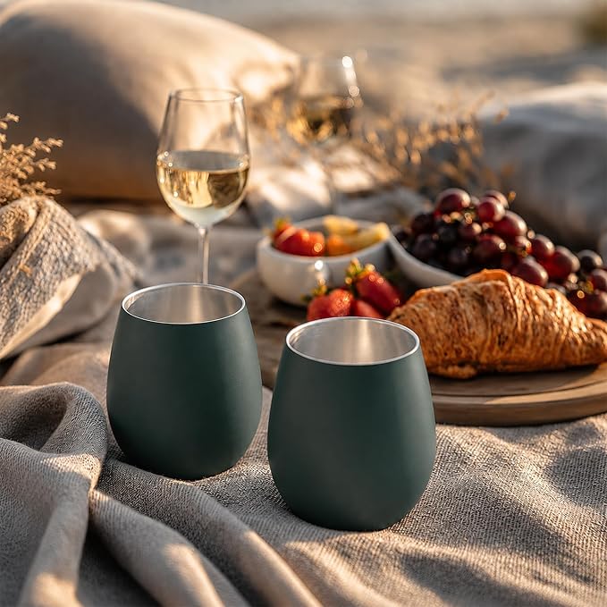 K&K Home Stainless Steel Unbreakable Stemless Wine Glasses - 15 oz - Set of 4 Colored, Stemless Metal Wine Glasses Perfect for Outdoors, Weddings, and Parties (Green)