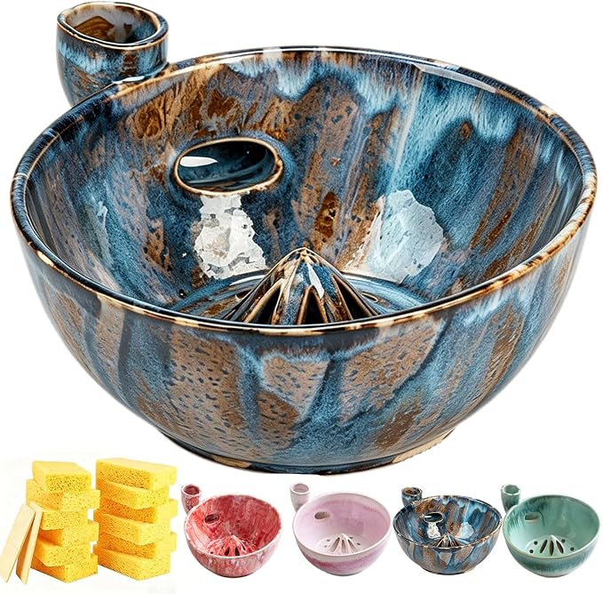 Self Spinning Ceramic Berry Washing Bowl with Drain Holes, 7'' Kitchen Fruit Washer Spinner Bowl with 10pcs Sponges (A-Blue)