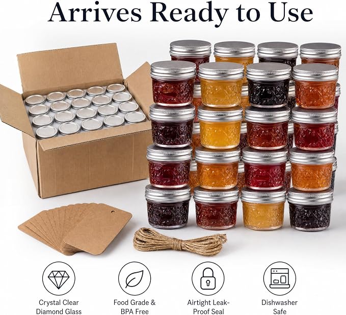 4 oz Glass Jars with Lids, 24 Pack Wide Mouth Small Mason Jars with Twine & Tags, Airtight Leakproof Mini Jam & Jelly Jars with Label Area for Honey, Desserts, Party Favors & Homemade Food Gifts