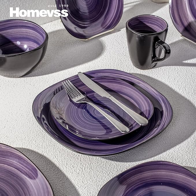 HomeVss 16-Piece Square Dinnerware Set - Serves 4, Inside Spinwash Swirl Purple + Outside Black Plates & Bowls Set | Microwave & Dishwasher Safe