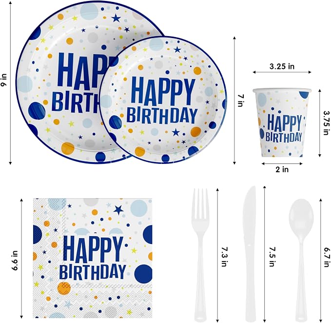 Exquisite 350 Pcs Blue Happy Birthday Plates and Napkins Set, Blue Birthday Plates Set, 50 Of Each 9" Dinner Plate, 7" Dessert Plate, 12 oz Cups, Napkins & Cutlery Plastic Dinnerware Set Set