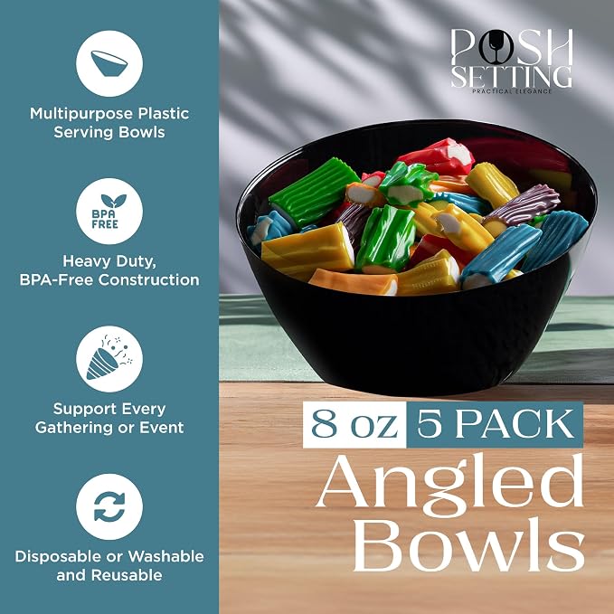 5 Pack Black Angled Plastic Serving Bowl Disposable for Party Table 8oz | Angled Bowl Design. Chip, Candy, Salad & Fruit Use. Disposable Party Tableware. Buffet & Wedding Serving. Black Plastic.