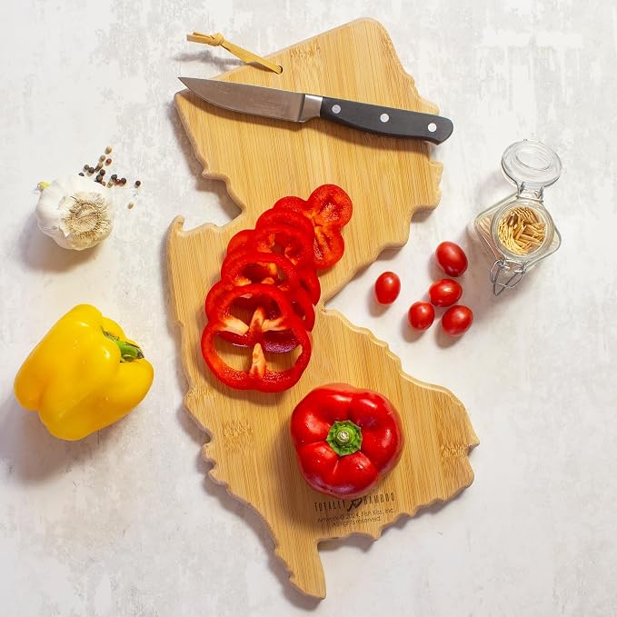 Totally Bamboo New Jersey State Shaped Cutting Board, Art by Fish Kiss | State charcuterie board with colorful hand-drawn map artwork. Smooth reverse side for food prep. Hang tie for wall display.