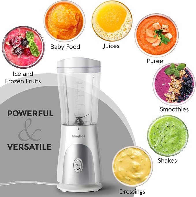 Mueller Heavy-Duty Personal Blender for Shakes and Smoothies with a 15 Oz Travel Cup and Lid, Juices, Baby Food, Portable Blender & Food Processor, White