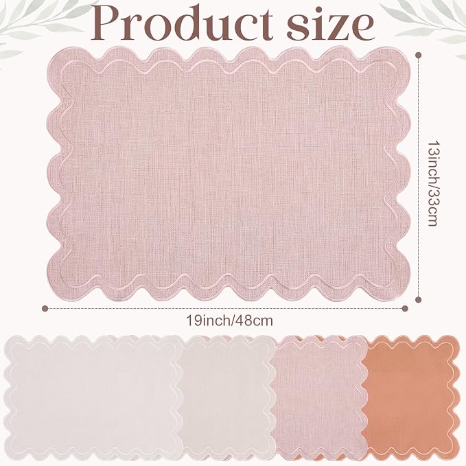 Linen Placemats Set of 12 Scalloped Placemat 13 X19 Wavy Embroidery Double Layered Washable Farmhouse Dinner Fabric Table Mat Napkin for Wedding Party Restaurant(Regular,Boho Colors)