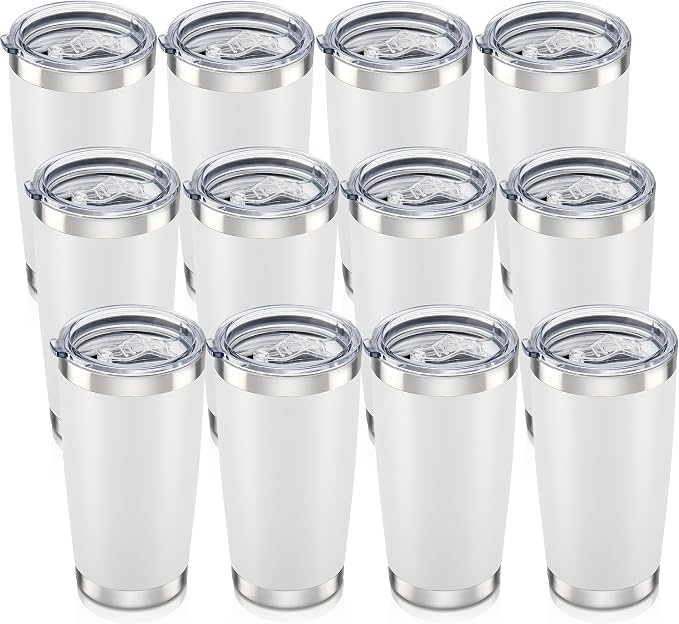 20 oz Tumbler with Lid Stainless Steel Insulated Tumblers Bulk Cups Mug | Double Wall Vacuum, Powder Coated, Keep Drinks Cold and Hot, Waterproof Lid, Fit of Car Cup Holders, White, 12 Pack