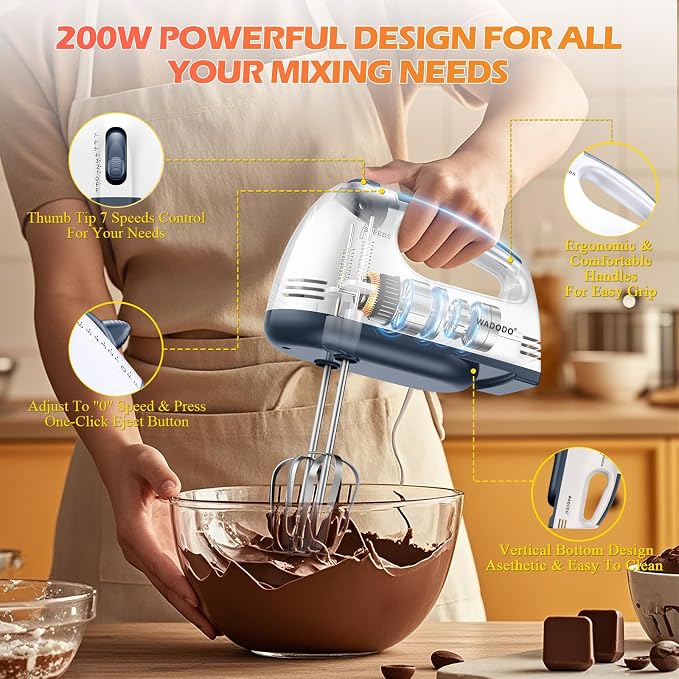 WADODO 7-Speed Electric Hand Mixer – Portable Food Mixer Kitchen Mixer with 304 *(1x Whisk, 2x Beater, 2x Dough hook) for Baking Cakes, Cream, Cookies, WHITE