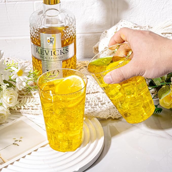 I00000 50 Pack 14 oz Gold Plastic Cups, Disposable Tumblers Gold Glitter Plastic Cups, Disposable Wine Glasses Cocktail Glasses Perfect for Wedding & Party