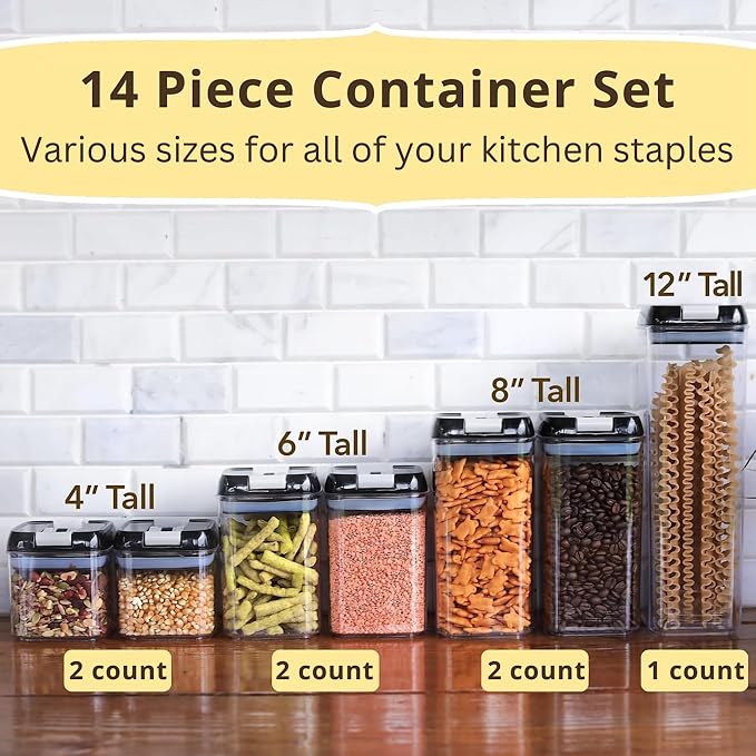 Simply Gourmet Airtight Food Storage Containers with Lids – 7 Piece Assorted Size Kitchen Pantry Organization Set, BPA-Free Clear Plastic, Stackable Containers for Cereal, Flour, Sugar, Rice, Snacks