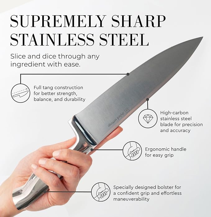 Styled Settings Stainless Steel Knife Set with Built In Sharpener, 14-Piece | Ultra Sharp, High Carbon Stainless Steel Kitchen Knife Set Includes White Knife Block with Sharpener Built In