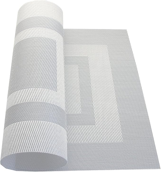 PIGCHCY Placemats Set of 6,Washable Woven Vinyl Kitchen Table Mats Non Slip Placemats Durable Heat Resistant Placemats for Dining Table(Silver White)