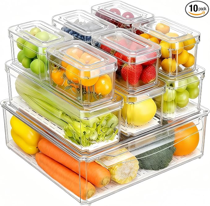 Pure Future 10-Pack Clear Fridge Organizer Containers with Lids, Stackable BPA-Free Refrigerator & Produce Storage Containers with Drain Tray & Anti-Slip Base for Fruits, Veggies & Drinks