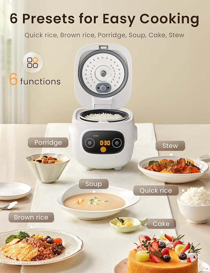 COMFEE' Mini Rice Cooker with 6-Functions, 2-Cups Uncooked Rice