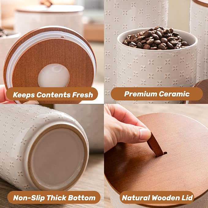 Mowtanco Embossed Ceramic Canister Set with Airtight Bamboo Lid | 30/48/82 oz White Ceramic Kitchen Jar Set, Countertop & Pantry Organization for Coffee, Sugar, Flour, Tea & Snacks