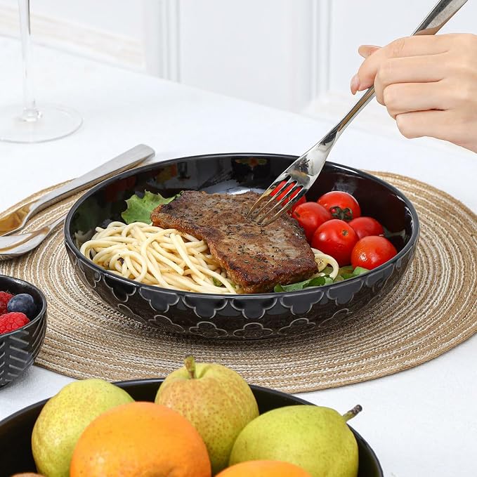 Sureasy 9.7inch Pasta Bowls Set of 4, 42oz Large Salad Bowls for Kitchen, Embossed Ceramic Serving Bowls for Fruits, Soup, Pasta and Salad, Microwave & Dishwasher Safe, Black