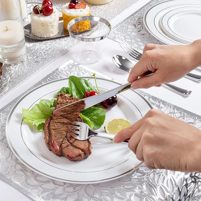 175PCS Sliver Plastic Plates - Silver Plates Disposable - White Plate with Silver Trim 25Guests Plastic Dinnerware Sets with Rolled Napkins for Wedding Baby Shower Spring Birthday