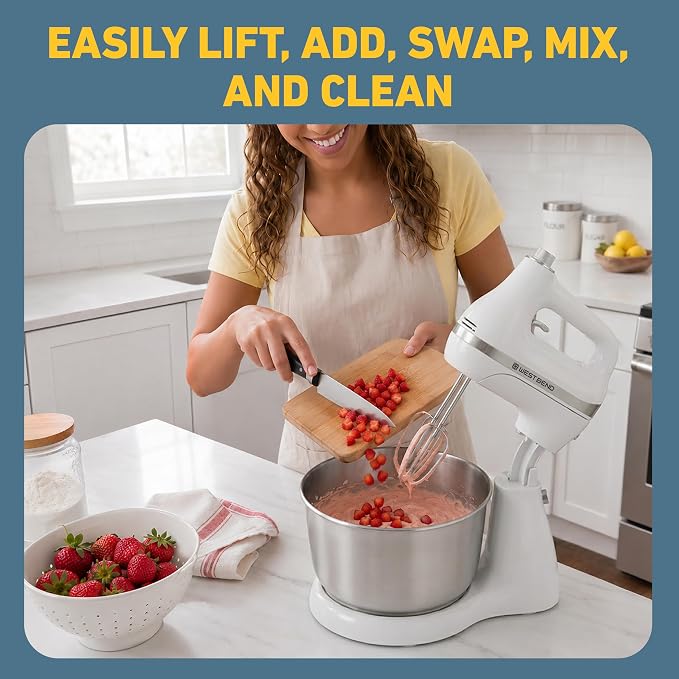West Bend Two Sweet 2-in-1 Hand & Stand Mixer, 11 Speeds with Turbo Boost, 4.4 Qt Rotating Bowl, Dough Hooks, Beaters & Whisk, Tilt-Head Design, 550 Peak Watts, White