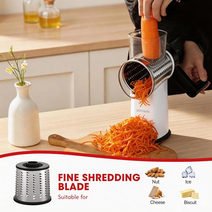 Rotary Cheese Grater Hand Crank with Foldable Handle, Three Blades | Perfect Graters for Kitchen, Fresh Cheese, Vegetables, Nuts, Shredder Hand Crank with Suction Base, Rotary Grader
