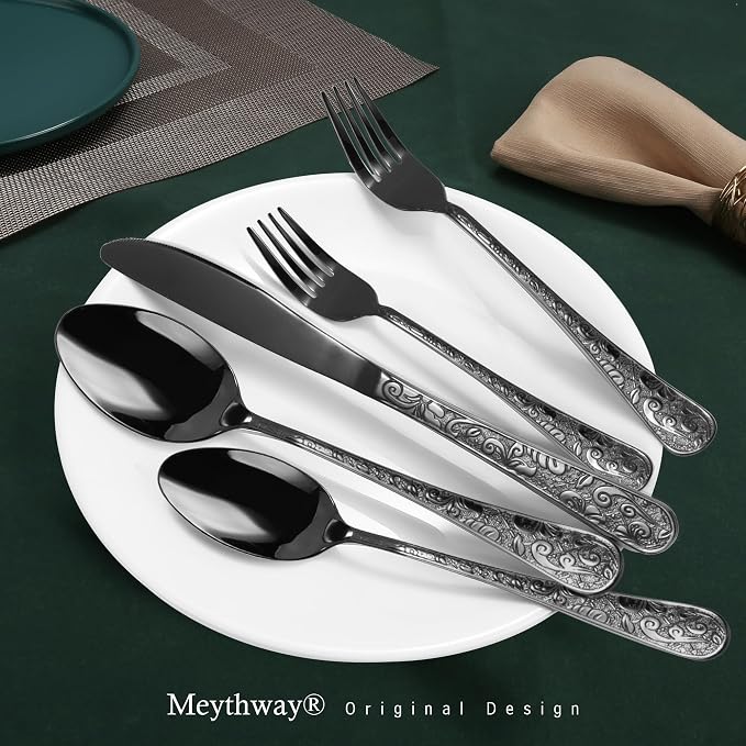 Meythway 40-Piece Vintage Carved Black Silverware Set for 8, Stainless Steel Flatware Set with Knife/Fork/Spoon, Cutlery Set for Home and Kitchen, Utensil Set with Dishwasher Safe