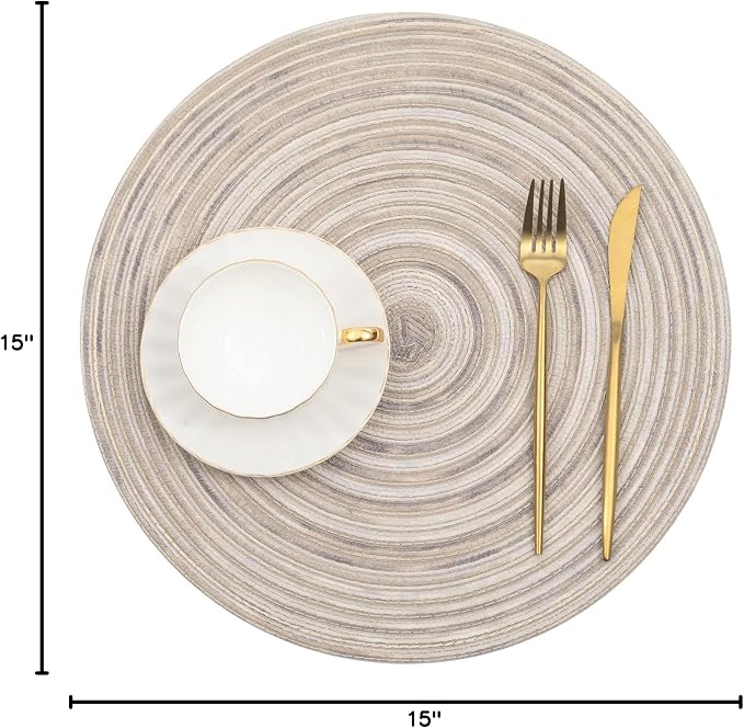 SHACOS Round Braided Placemats 15 inch Set of 4 Variegated Washable Kitchen Table Placemats for Home Wedding Party (Rainbow Gray, 4)