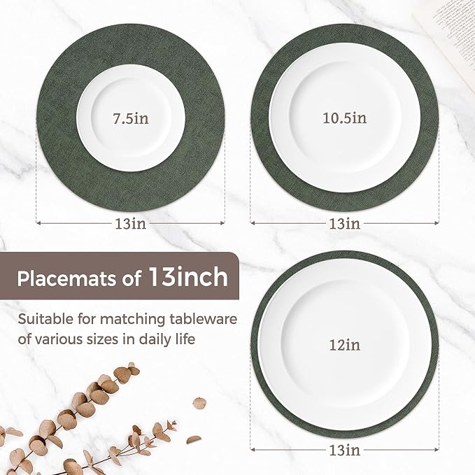 13" Round Placemats Set of 8, Reversible Faux Leather Wipeable Table Mats | 2mm Vinyl Heat Resistant, Waterproof Oilproof Scratch Proof Non-Slip, Washable for Kitchen Dining Indoor Outdoor (Dark Green)