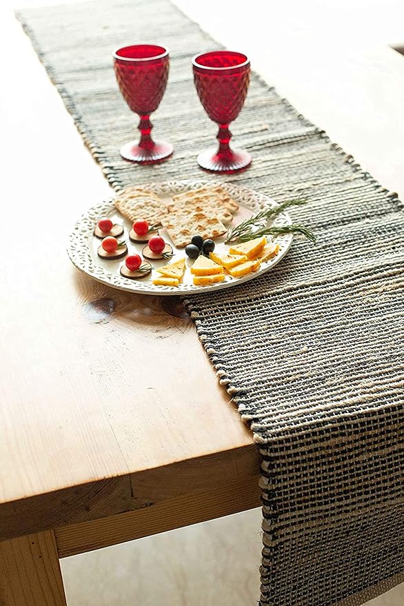 Natural Jute Table Runner 13x72 Inch – Vintage Boho Rustic Table Decor – Handwoven Table Runner in Natural Jute and Black – Farmhouse Dining or Console Table Accent
