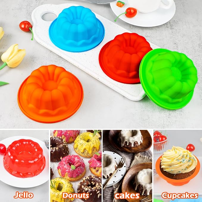 Webake 4 Inch Silicone Mini Fluted Cake Molds 8 Pack Fluted Tube Cake Pan, Non-stick Baking Cups Reusable Muffin Donut Pan