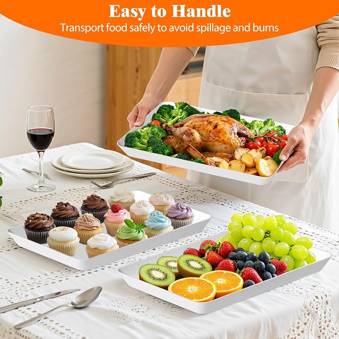 SpaceTrove 6-Pack Serving Tray Set, Reusable Plastic Serving Platter for Party Supplies, Entertaining, Grilling Accessories, Stackable Kitchen Snack Box Container for Dessert, Fruit, Cookie, (White)