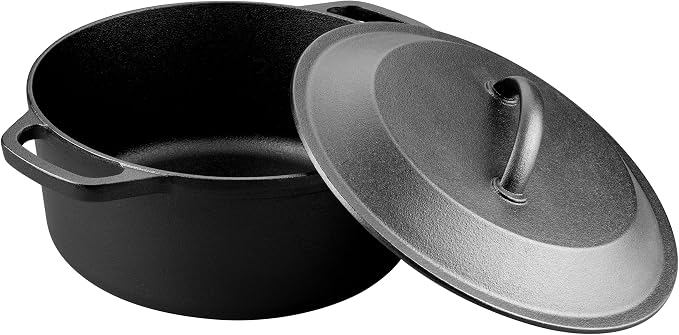 Pre-Seasoned Cast Iron Dutch Oven with Lid, Round and Dual Handles, for Stovetop, Camping, Grill, Induction, Electric, Black, 6qt