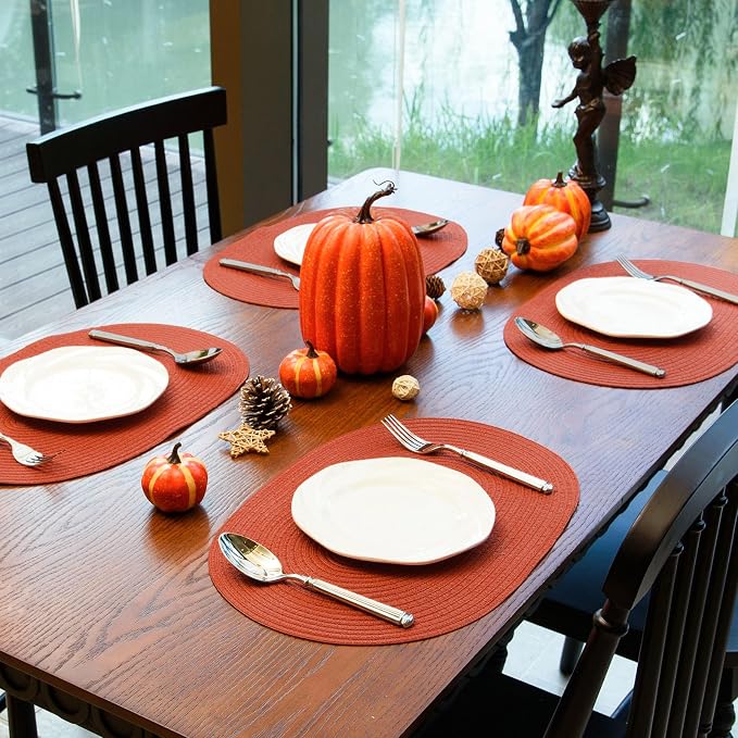 Placemats Set of 6, Woven Oval Braided Dining Table Mats(Rust Orange) | 12 x 17.5 Inch Size Fits Plates and Flatware; Hand Washable and Heat Resistant for Kitchen Use, with Farmhouse and Boho Style