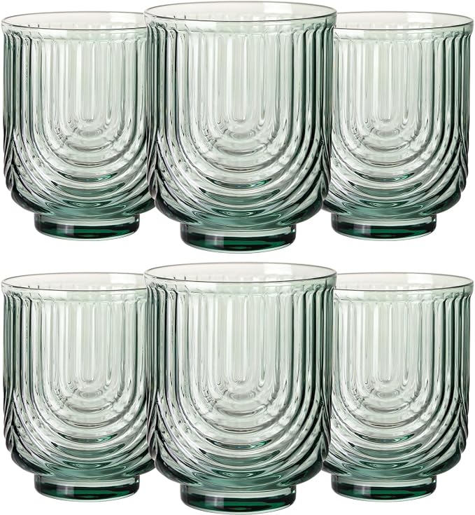 JOVGANK Green Vintage Glassware Set of 6-14Oz Green Water Drinking Glass, Art Deco Ripple Highball Glass, Whiskey Cocktail Glasses, for Bar Ice Coffee Juice, Housewarming Gifts Gift