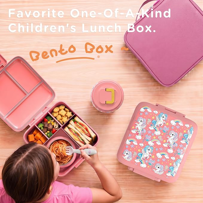 JXXM Bento Lunch Box for Kids With 8oz Soup Thermo,Leak-proof Lunch Containers with 5 Compartment,Thermos Food Jar and Lunch Bag, Food Containers for School (A-Pink(Fantasy Unicorn))