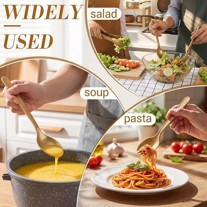 FoldTier 36 Pcs Disposable Plastic Serving Utensils Set Gold Serving Spoons Forks Tongs, Disposable Utensils for Party Weddings Birthday Dinner Buffets Banquets