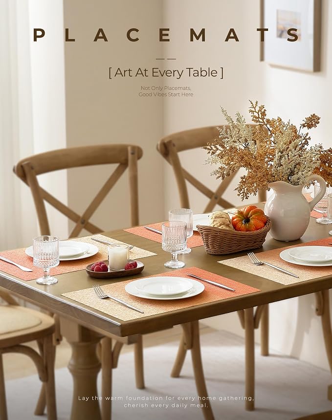 Leetaltree Gradient Burnt Orange Woven Placemats Set of 12 - Heat Resistant Non-Slip Fall Place Mats for Dining Table, Washable Durable PVC Vinyl Woven Table Mats(Gradient Orange-red, 12)