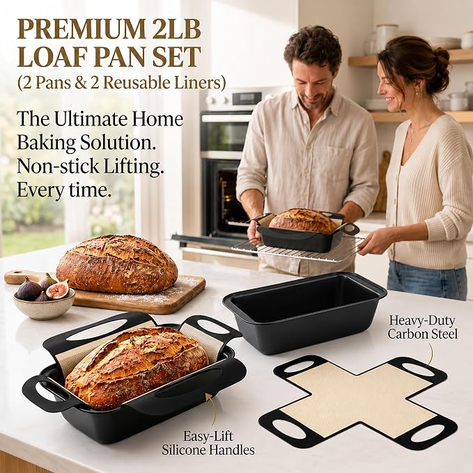 9x5 Loaf Pans for Baking Bread, 2-Pack Bread Loaf Pan Set with Silicone Bread Sling Liners, Nonstick Loaf Liners for Sourdough, Banana Bread, Homemade Bread