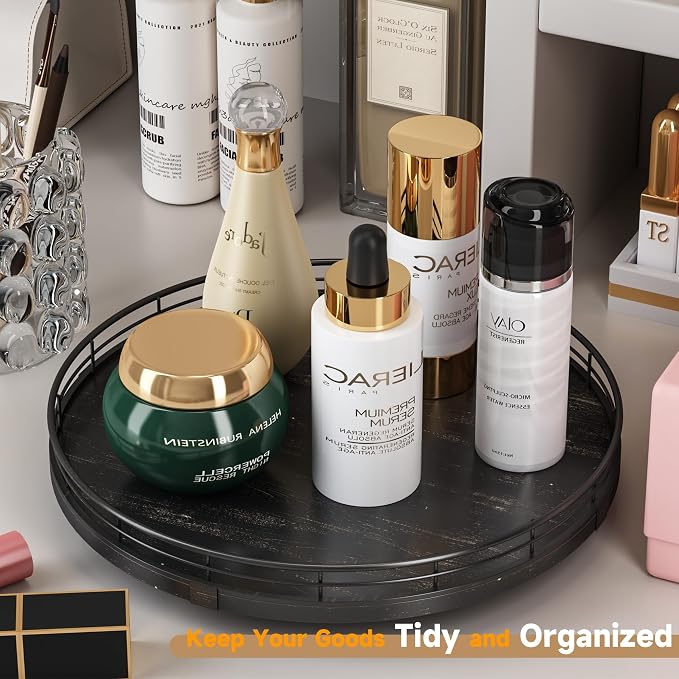 AMH 12-Inch Oak Lazy Susan Vanity Tray with Black Brush Gold Metal Rail | Smooth rotating oak tray with walnut finish for dining tables, kitchen counters, pantries and cabinet storage.