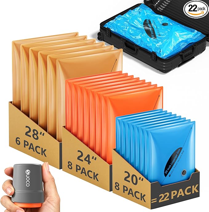 Travel Vacuum Bags with Cordless Electric Pump, 22 Combo Compression Packing Cubes for Clothing Clothes, Luggage Suitcase Organizer, Space Saver Vacation Cruise Travel Essentials, Multicolor